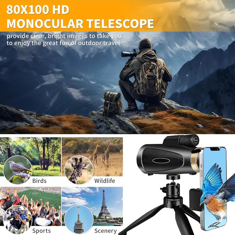 KTBDING Monocular Telescope 80x100 HD Monoculars for Adults with Tripod & Phone Adapter, Monoculars for Bird Watching Stargazing Camping Hiking Hunting Wildlife Travel-Black - Image 4